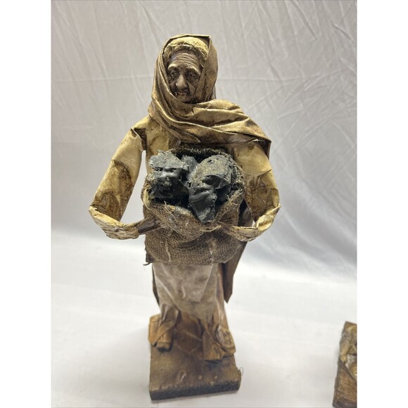 Vintage 3 Decoupage Paper Mache Man & Woman Holding Bags And Brooms 15” Tall - Picture 2 of 4